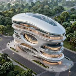 highly detailed futuristic architecture by and Santiago Calatrava, floating buildings, reflective lighting, empty streetscapes, surrounded by lush green vegetation, ground-level view, puddles of water, stunning sunny lighting, sunrise, vivid colors, in the style of pixar animation, trending on Artstation, 8k, photorealistic, ray tracing, hyper detailed, unreal engine 5, cinematic, epic lighting, cryengine, octane render, cyberpunk, red and orange glow, vibrant