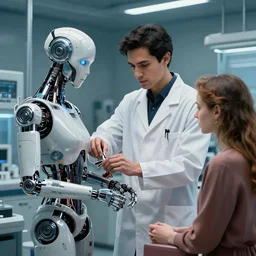 professional shot of a scientist thin latino male in his robotic lab, helping his female clients change their cyborg parts. from love death and robots ( 2 0 1 9 ). coherent portrait, intricate, elegant, highly detailed, digital photo, trending on artstation, hdr photo, smooth, sharp focus, illustration, art by artgerm and greg rutkowski and alphonse mucha