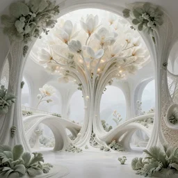 beautiful scifi futuristic biophilic city with fractal porcelain magnolia fluid fractal nebula, rhizomorphs, soldier lichen, soft light, puffballs, brackets lichen, arches, bridges, blooms, vincent callebaut composition, iris van herpin, elegant lace haute couture broad embroidered leaved trees, minimalist