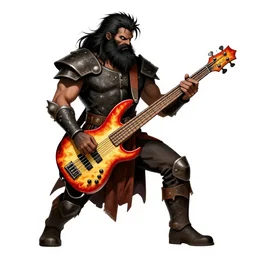 single bugbear playing flaming ibanez bass guitar, black beard, dungeons and dragons, hunters gear, character design on white background, drawn by karl kopinski, kim jung giu, craig mullins, j. c. leyendecker 8 k, colours red and gold