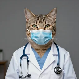 photorealistic rendering of a cat wearing a lab coat and a facemask, a stethoscope around his neck. hyper detailed, this 4 k hd image is trending on artstation, featured on behance, well - rendered, extra crisp, features intricate detail, epic composition and the style of unreal engine