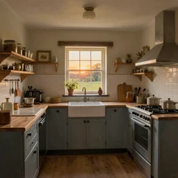 a beautiful picture of a kitchen in a english cottage, sunset lights by the window, art by greg rutkowski and alfred edward emslie trending on artstation