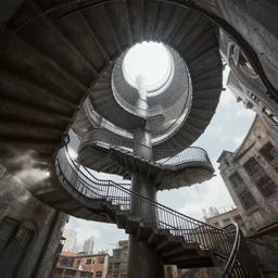 matte painting of an infinite spiral staircase ascending from and into the skies. dynamic perspective. urban, detailed digital art trending in artstation
