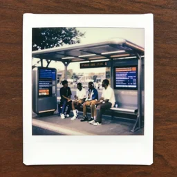 old polaroids of futuristic african bus stops with informal sellers and digital screens