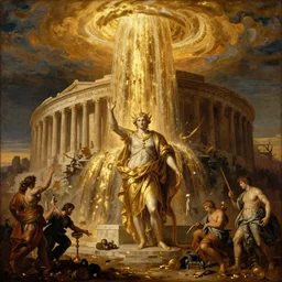 reinassence painting gold drenched apocalyptic acropolis from gold cascade from the afternoon sky - s 5 0