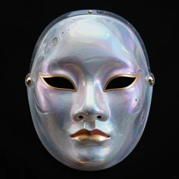 highly detailed digital art of a futuristic iridescent geisha mask with glowing eyes. black background. gritty textures beautiful lighting. trending on artstation, behance. cyberpunk translucent design.