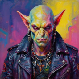 a portrait of an apocalyptic scifi orcish biker character posing for a professional photo, psychedelic vibrant colors, futuristic punk rock fashion, oil painting by michael whelan art, sharp focus, perfect face, detailed eyes, realistic, leather jacket, 8 k