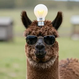 photo of dark brown llama in wayfarer sunglasses and a novelty light bulb hat