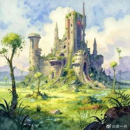 futuristic scifi castle in a lush quagmire. watercolor by award - winning mexican comic artist, depth of field, vibrant colors.