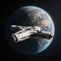 realistic spaceship orbiting rocky planet in space, sci - fi concept art by david edwards and craig mullins, volumetric light, atmospheric lighting, dramatic, cinematic, moody, octane render 4 k, 8 k