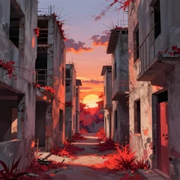 a beautiful detailed anime illustration of building hallway unfinished building by jean - baptiste - camille corot, futuristic sunset infrared magic realism, archdaily, wallpaper, highly detailed, trending on artstation.