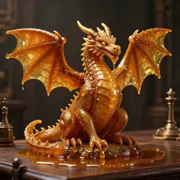 a dragon made of honey, sitting on a sorcerer’s desk. honey is dripping everywhere. rim light, studio lighting, 8k