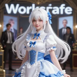 worksafe. insanely detailed. by wlop, ilya kuvshinov, krenz cushart, greg rutkowski, pixiv. zbrush sculpt, octane, maya, houdini, vfx. white and blue, gorgeous young cg gentle girlish feminine sissy boy with long hair, ponytail hairstyle, wearing hairbow, frills, silk dress, friendly smiling, in luxury advertisement. cinematic dramatic atmosphere, sharp focus, volumetric lighting