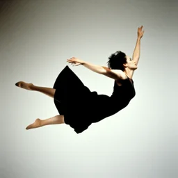 a photgraph by philippe halsman of a woman wearing a black dress flying though the air