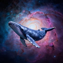 a beautiful humpback whale swimming through a colorful nebula in space