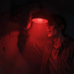 concept art, artstation, nigh, red light, closeup of a man getting up, night, lamp lighting, horror, dark room, volumetric light, atmospheric, grunge