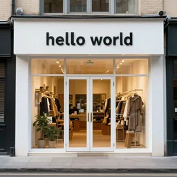 a storefront with'hello world'written on it.