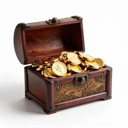 amber treasure chest overflowing with gold, commercial catalog photo, isolated on a pure white background, centered, entire object in frame, sharp focus, soft studio lighting