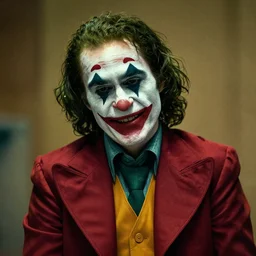 joker wearing a suit style, photograph, grinning, creepy,