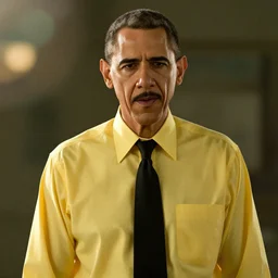 barrack obama as gustavo fring, yellow shirt, black tie, in los pollos from breaking bad, movie still, cinematic lighting, ray tracing, octane render, long lens, shallow depth of field, bokeh, anamorphic lens flare, 8 k, hyper detailed, 3 5 mm film grain