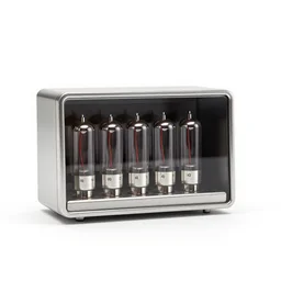 silver nixie tube clock, stylized 3d render, isolated on a pure white background, centered, entire object in frame, sharp focus, soft studio lighting