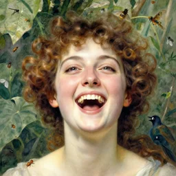 8 k uhd the face of a young woman with marble complexion, angelic features, her face framed with curls, her head raised in rapture, laughing, symmetrical eyes, watercolor by john singer sargent, background lush vegetation, insects and birds
