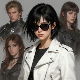 short messy black hair girl wearing sunglasses and a white white leather jacket!! fire emblem, art by artgerm and greg rutkowski and magali villeneuve, portrait, d & d, fantasy, highly detailed, digital painting, trending on artstation, concept art, sharp focus, illustration