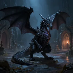 a dnd black shadow dragon dnd on a courtyard at night, fantasy art, artstation, behance hd