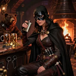 kate beckinsale weared as thief, with rogue face mask, shining eyes and pointed nose, holding flask in hand, with knives in bandolier and cloak cape, sit in dark fantasy tavern near fireplace, behind bar deck with bear mugs, lockpicks and pile of gold, medieval dnd, colorfull digital fantasy art, 4k