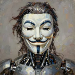 perfectly centered portrait, front view of a biomechanical android anonymous mask guy fawkes robot, flowing hair, intense stare, sarcastic smile, symmetrical, concept art, intricate detail, volumetric shadows and lighting, realistic oil painting by tim hildebrandt and greg rutkowski