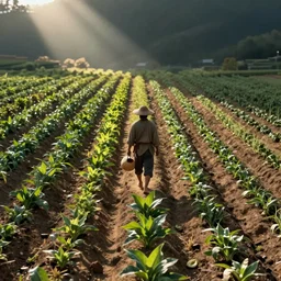 xianxia farmer in immaculate rows of crops