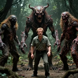 full - color cinematic movie still from a 1 9 9 3 blockbuster film by steven spielberg with horrific disturbing hellish monsters designed by guillermo del toro inside a safari tourist - attraction. highly - detailed ; photorealistic ; suspense ; horror.