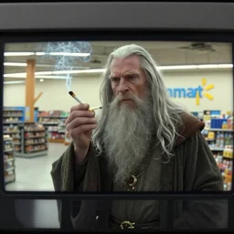 security cam bad vhs footage of stoned gandalf smoking a joint around walmart,