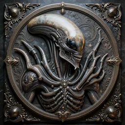 an extravagant elegant xenomorph god stone relief detailed polished portrait shot by luminokaya in visionary fineart style. fantastic realism. 8 k hyper ornated maximalist and very detailed. elite luxury decorative darkscifi, xenomorph god by andrei riabovitchev, tomasz alen kopera. influenced by bekinski, giger and peter gric