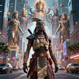 bounty hunter neocyberpunk in tribal regalia, on the street under skyline buildings and streets, an idea seep's into infinity highly detailed 3 d in volumetric latent space, cinematic light, sharp focus, divine realm of gods, octane render,