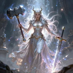 incredibly powerful and beautiful barbarian sorceress, casting a powerful spell, large heavy hammer on left, legendary magical sword on right, bright magical aura surrounding body, cinematic, stunning, hyper realistic, ultra detailed, digital painting, masterpiece on artstation, soft focus, mystical lighting, evil colors, full body shot, illustration, art by artgerm and greg rutkowski and alphonse mucha