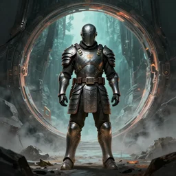an armor - plated soldier standing in front of a portal to another dimension, art by emmanuel shiu