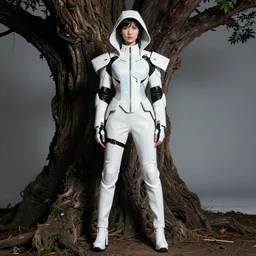 beautiful fashion model with white sci - fi tactical gear, black leather garment, hologram sci - fi hood, full shot fashion photography, dark ancient tree with a big trunk, by irving penn and storm thorgerson, ren heng, peter elson