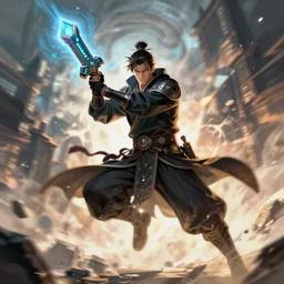 A sorcerer wielding a futuristic weapon, digital illustration portrait, gorgeous lighting, wide angle action dynamic portrait, perspective shot, art by Sam Spratt-H 640