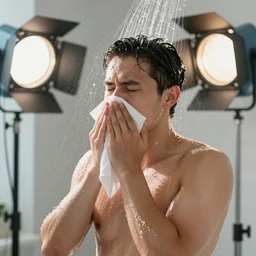 having a cold, bracing shower on a sunny morning, studio lighting, professional photography,