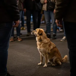 a dog, he's alone looking at people, a dark time hyper realistic
