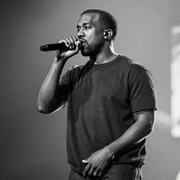 Kanye West performing at Woodstock, photograph, black and white