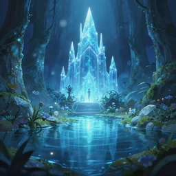 water garden in the elven ice palace. award - winning 3 d anime by an indie studio, heavily stylized, rimlighting, depth of field, limited palette, impressionism, chiaroscuro, bokeh.