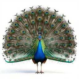 majestic peacock, stylized pixar-style 3d render, full body, isolated on a pure white background, centered, entire subject in frame, sharp focus, soft studio lighting