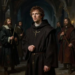 jesse eisenberg as an enigmatic medieval christian ( ( monk ) ) in a dark underground city. dark shadows, colorful, law contrasts, ( ( ( side lighting ) ) ) fantasy portrait by jakub rozalski, jan matejko, and j. dickenson