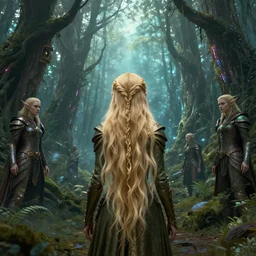 magical forest cyberpunk, music, girl with blond long hair back view, elves, lord of the rings style, ultra detailed, trending on artstation, concept art, octane render, unreal engine,