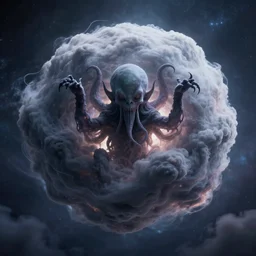 Eldritch radioactive ball of clouds with Cthulhu in the center of the empty universe, cinematic 8K, extremely detailed, backlighting, trending on ArtStation.