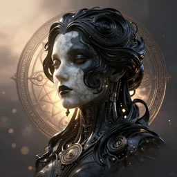 epic illustration, digital abstract sculpt of beautiful female face and black swirling latex acrylic portrait, black latex sculpt, mechanical superstructure, sacred geometry, glowing edges, magic hour, beautiful light, sculpture of carving marble, dark colors, filigree ornaments, one point light, clockwork, epic matte painting, concept art, bokeh, digital painting