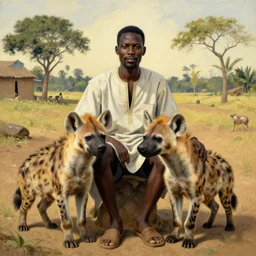 portrait of a nigerian man with a hyena as pet, poor african zone, in style of edwin austin abbey