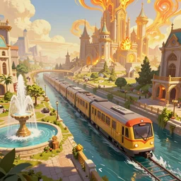 An urban train rides inside of a waterway on a fantasy city, next to a fountain and a mystical palace, hyperdetailed, artstation, cgsociety, golden hour 8k, fractal flame